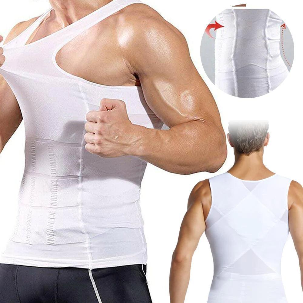 Men's Instant Slimming Undershirt Body Shaper Vest Workout Tank Tops Give a  Firm Slim Improve Posture- White- Large 