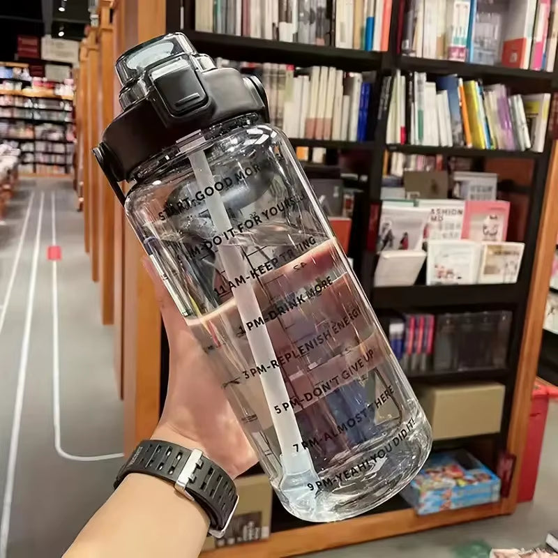 2000ML Sports Water Bottle with Straw Large Capacity Portable Leakproof Sports Fitness Bottle with Time Marker for Outdoor Gym