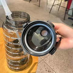 2000ML Sports Water Bottle with Straw Large Capacity Portable Leakproof Sports Fitness Bottle with Time Marker for Outdoor Gym