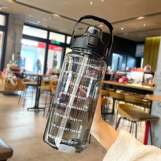 2000ML Sports Water Bottle with Straw Large Capacity Portable Leakproof Sports Fitness Bottle with Time Marker for Outdoor Gym