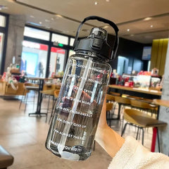 2000ML Sports Water Bottle with Straw Large Capacity Portable Leakproof Sports Fitness Bottle with Time Marker for Outdoor Gym