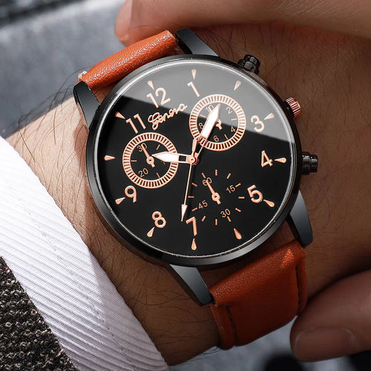 4Pcs/Set Men'S Watch Set Classic Versatile Fashion Casual Style Quartz Leather Watch Sport Style Business Watch Box Not Included