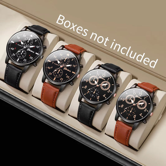 4Pcs/Set Men'S Watch Set Classic Versatile Fashion Casual Style Quartz Leather Watch Sport Style Business Watch Box Not Included