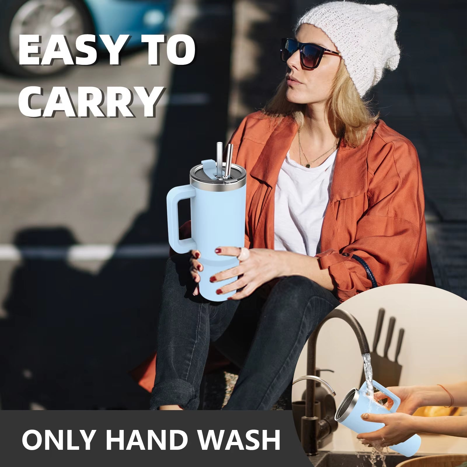 40Oz/1200Ml Tumbler with Handle & Straw Lid Stainless Steel Insulated Cup Keep Cold Thermal Mug Portable Car Travel Cup