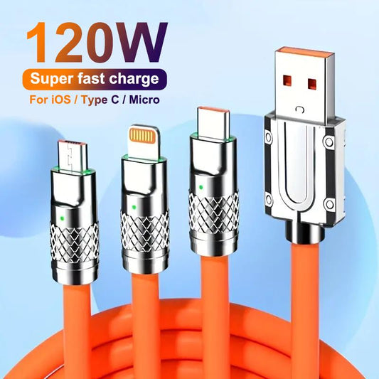 3in1 6A 120W USB Fast Charger Cable for IPhone Micro USB Type-C