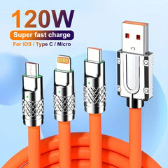 3in1 6A 120W USB Fast Charger Cable for IPhone Micro USB Type-C